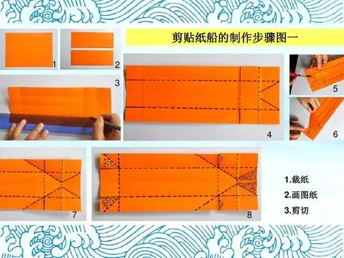 剪贴纸船的制作步骤图一 1           1.裁纸 2.画图纸     3.剪切