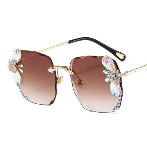 跨境新款无框方形镶水钻眼镜 女款潮流墨镜 手工蝴蝶钻太阳镜