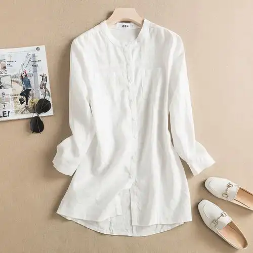 立领棉麻显瘦麻料长袖女高端春季衬衣女士宽松中长款复古亚麻衬衫
