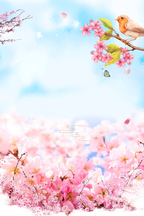 唯美手绘桃花节花鸟春天背景