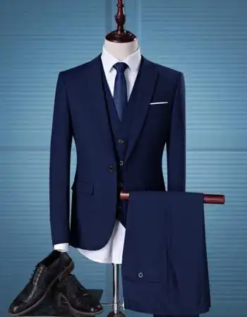 男2018新款男士西服纯色结婚伴郎职场工作服三件套修身时尚 深蓝色