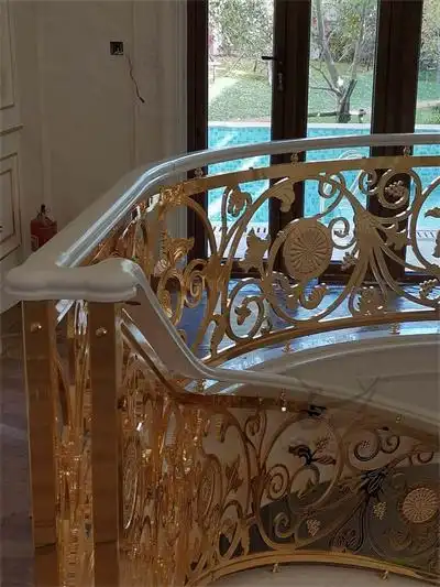 别墅铝合金楼梯护栏 金色雕花楼梯扶手系列一