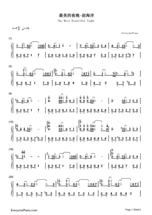 最美的夜晚-赵海洋双手简谱预览1-钢琴谱文件(五线谱,双手简谱,数字谱