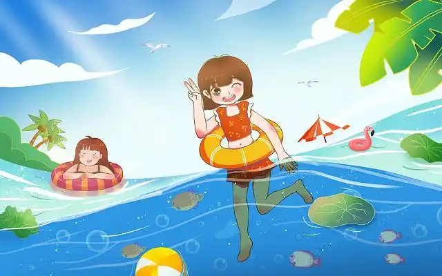 女孩唯美阳光立夏海滩小清新手绘插画卡通夏天夏日立夏夏季游泳插画