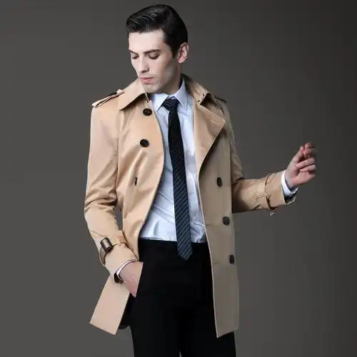 ursmart秋季新款正品男士风衣修身短款双排扣卡其色男风衣外套潮