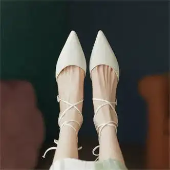 设计师交叉绑带尖头细高跟单鞋小众中空包头仙女凉鞋 白色小牛皮 35