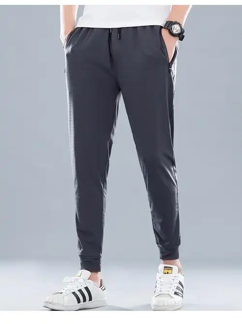 夏季男士青年冰丝高弹透气空调裤束口长裤小脚裤黑色 k712-p45_杭州