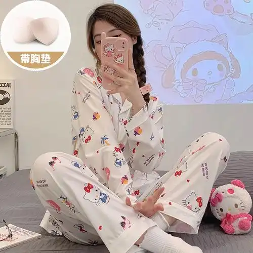 思雅晨#kiti猫带胸垫睡衣可爱女生长袖翻领两件套装春秋季家居服 - 17