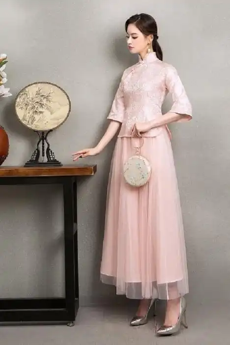 中式伴娘服女团宴会礼服半袖2018新款春季民国风复古中国风旗袍女