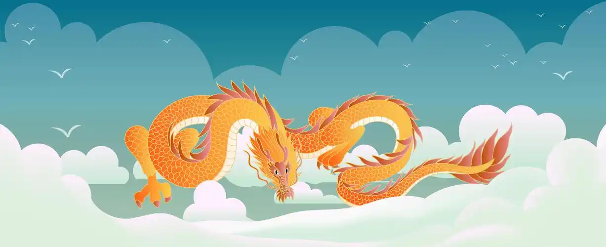 一条金色的龙匍匐在地平线上矢量插画