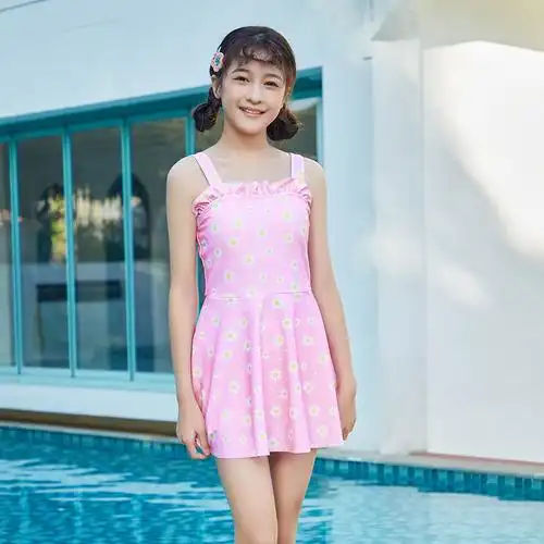 新款阳光少女品牌儿童泳衣 碎花裙式平角裤大童泳装女连体泳衣