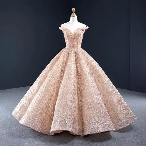 瑞思美2020新款新娘结婚优雅一字肩玫瑰金婚纱礼服齐地公主蓬蓬裙