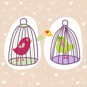 两只鸟在笼子里浪漫卡通插图照片