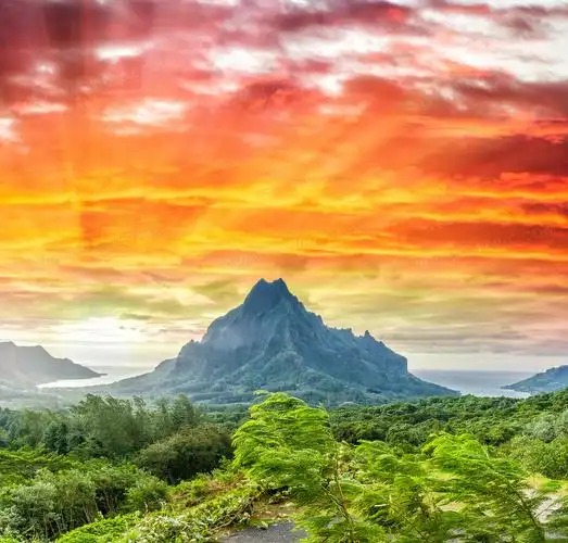 大山树丛与火烧云风光摄影高清图片