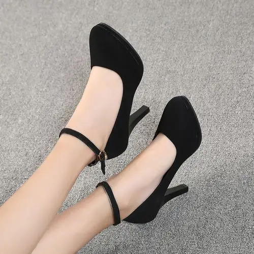 黑色高跟鞋厚底粗跟一字绑带礼仪旗袍模特走秀单鞋