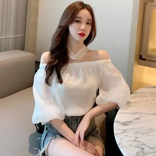 2020夏季新款气质系带蝴蝶结雪纺衫性感挂脖一字领露肩上衣女装潮