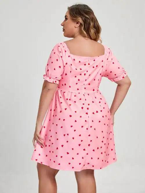 欧亿珈欧美外贸亚马逊爆款粉色通勤方领加大码女装爱心印花连衣裙