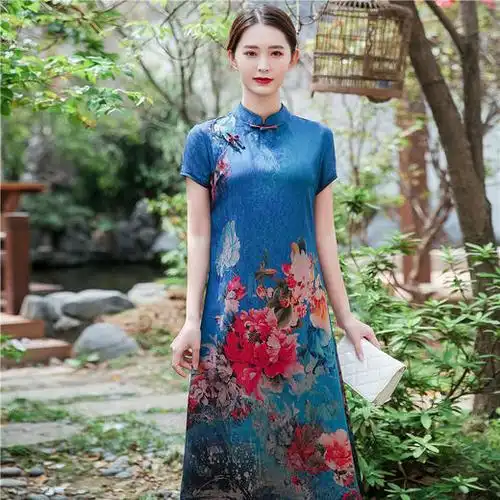 sky 21189 锦丝棉蓝大码改良新款旗袍