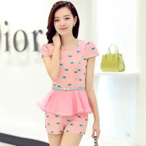 2014夏短裤套装蝴蝶结圆领套装女夏女短袖短裤两件套 粉色 m - 京东触