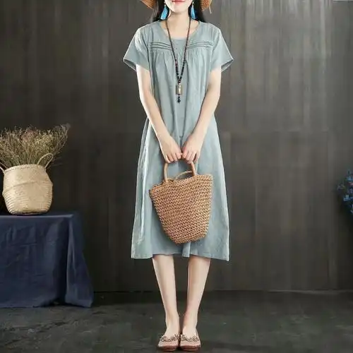 2018夏装新款女装复古棉麻提花棉麻短袖连衣裙批发褶皱宽松中长裙