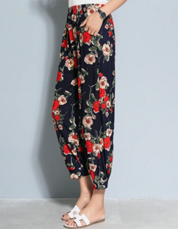 妈妈裤灯笼裤女夏季透气薄款中老年花裤大码宽松女裤直筒九分奶奶裤ze