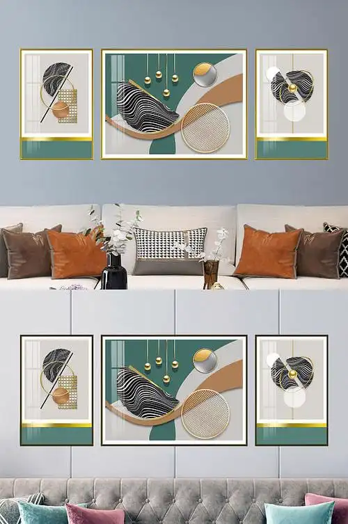 现代轻奢拼色立体几何金属质感客厅三联画