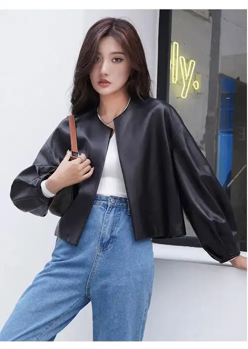 乾祥2021春秋新款小个子短款无领绵羊皮皮衣女高腰灯笼袖真皮夹克外套