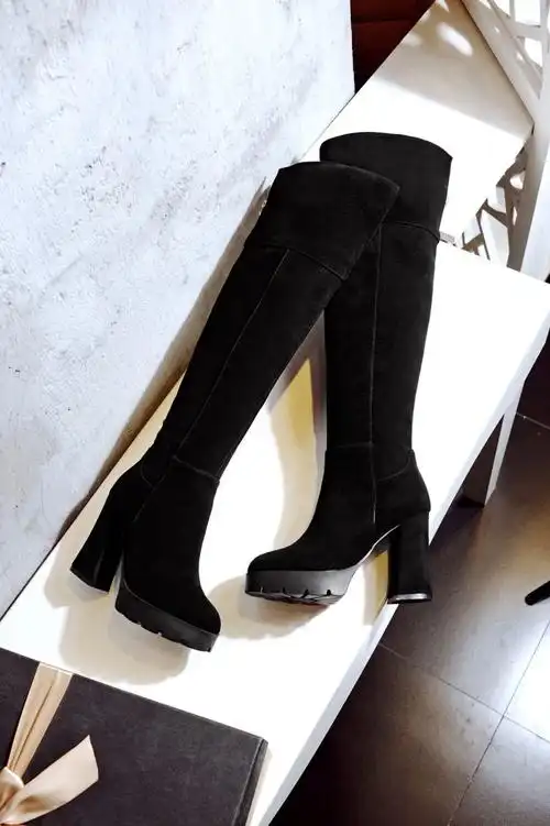 全真皮女靴磨砂牛皮粗跟圆头防水台侧拉链高筒长靴简约百搭过膝靴