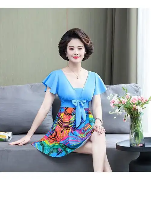 中老年人妈妈款游泳衣大码2215蓝色波纹连体泳帽4xl建议体重145160斤