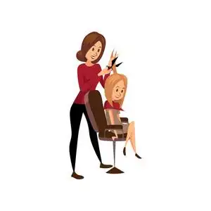 职业女卡通女理发师剪头发的年轻女子, 职业发型师在工作场所卡通矢量