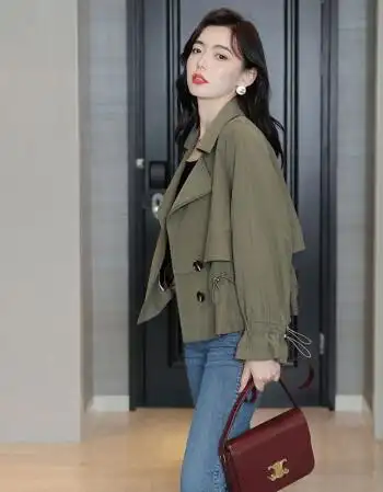 alchimieforever女装风衣女春秋新品短款宽松休闲百搭外套森林绿s