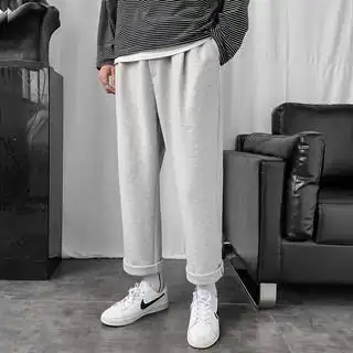 灰色针织裤子男休闲宽松痞帅九分裤