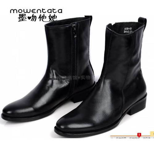 墨吻他她英伦韩版时尚皮靴皮中筒靴子潮流休闲牛仔靴男士马丁靴 黑色