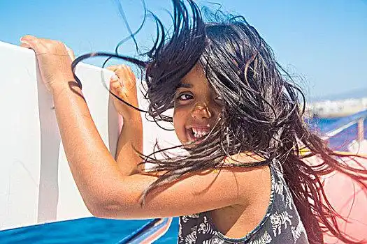 可爱,女孩,风吹,头发,泛舟,塔里,西班牙