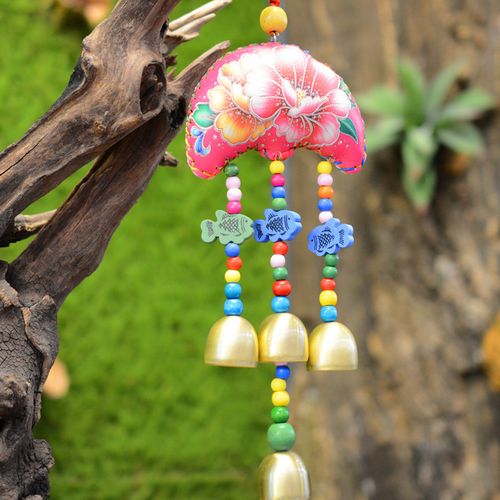 民族风拉丝铃皮风铃 新款手工4d图彩皮牡丹花风铃挂件