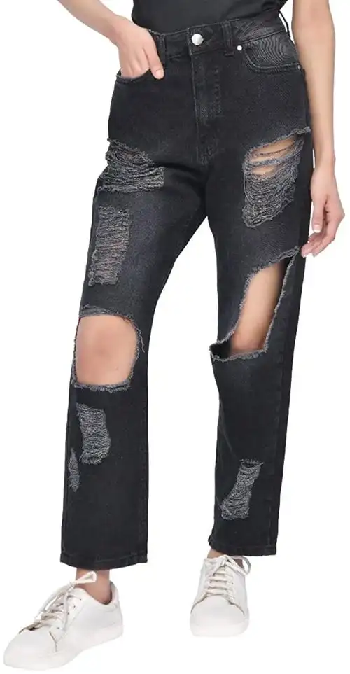 m17 女式牛仔多破洞妈妈牛仔裤高腰经典休闲棉质裤子带口袋