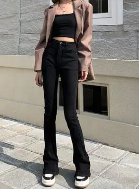 黑色高腰微喇叭马蹄裤牛仔裤女2022年春装新款加长裤子高个子chic