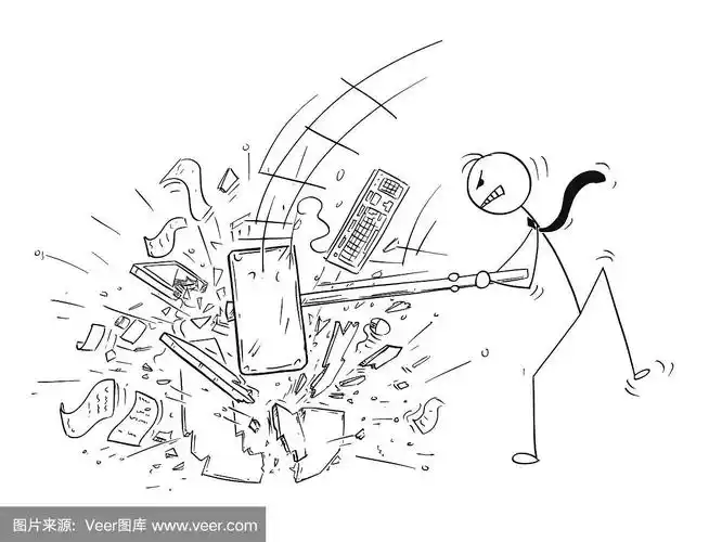 愤怒的商人用大锤或铁锤破坏办公电脑的卡通