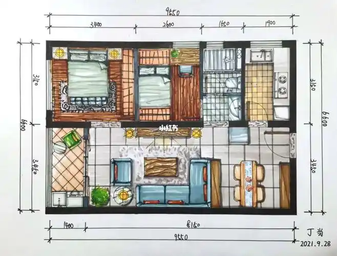 手绘平面布置图马克笔室内两室一厅作业