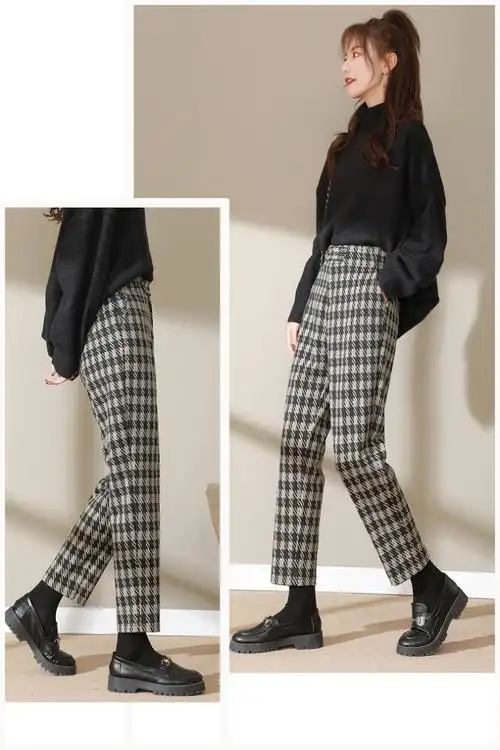 女装格子毛呢小脚裤英伦风穿搭配的裤子女秋冬季千鸟裤直筒宽松哈伦裤