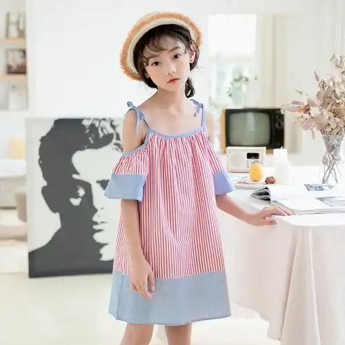 童装吊带连衣裙夏装女童洋气短袖露肩裙子度假沙滩裙中大童公主裙