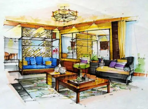 马克笔手绘现代客厅设计图片