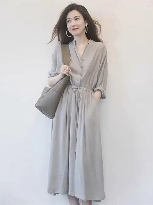 语娄开春新款女装大码早春微胖女生穿搭胖mm设计感裙子长裙棉麻连衣裙