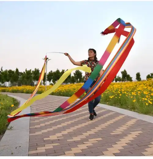 彩带舞彩带广场舞健身跳舞彩绸中老年运动伸缩杆6米手甩舞条 120cm杆