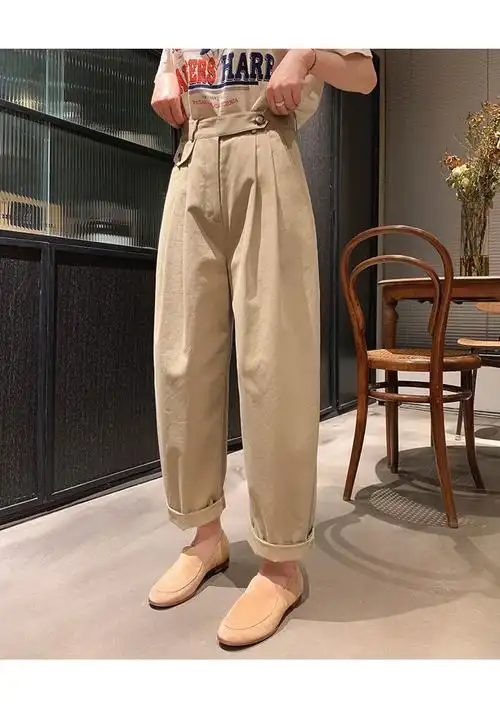 秋冬休闲裤女莉贝琳sisy裤子女韩版宽松百搭休闲裤高腰直筒长裤卡其色