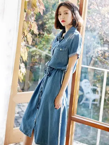 韩都衣舍2019夏装新款女装韩版休闲学院风牛仔收腰连衣裙ig8433