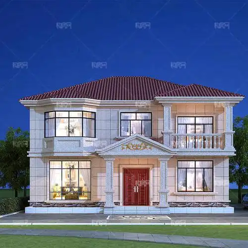 二层欧式风格农村自建房二层半3d效果图挑空旋转楼梯