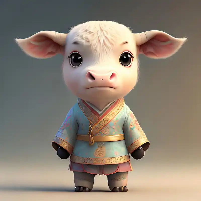百度ai绘图黑科技#一个超可爱的小拟人牛在中国汉服皮克斯风格,站立
