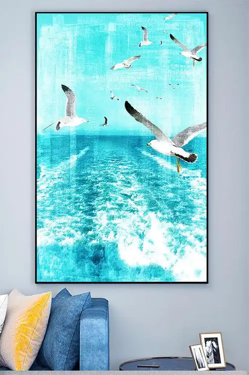 彩铅海鸥大海蓝色壁画装饰画