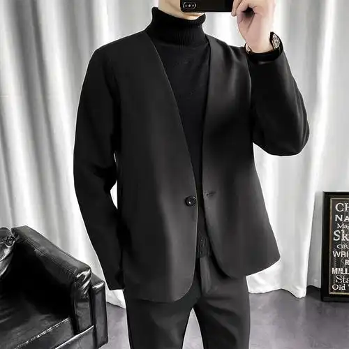 无领修身休闲西装男套装韩国单西服便服男青年英伦风韩版帅气外套